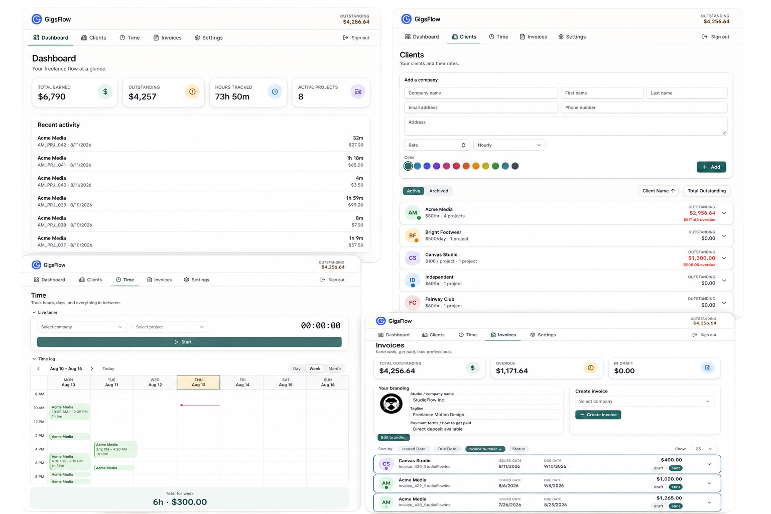 GigsFlow dashboard, clients, time tracking, and invoices overview